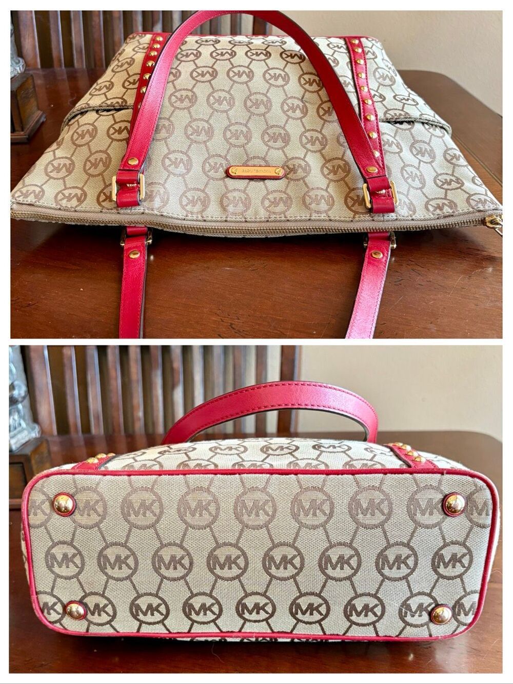 MICHAEL KORS - Jet Set Signature Studded Tote - Beige/Tan Canvas & Red Leather - Picture 7 of 11